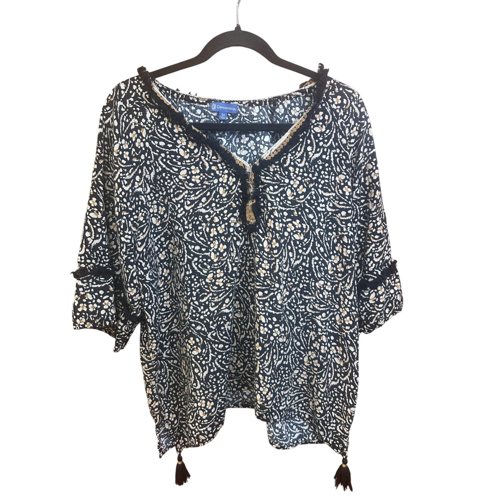 Democracy Women 2X Black White Floral Tassel Boho Blouse Fringe Trim WQ539423E